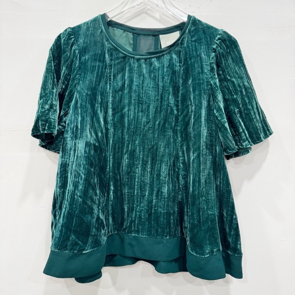 Anthropologie Maeve Emegald Green Velvet Chiffon Mesh Back Flowy Top Blouse M - Picture 1 of 5